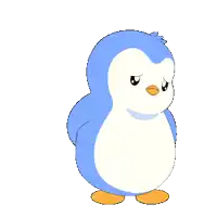 a blue and white penguin holding a piece of paper that says sorry