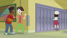 a girl in a white hat stands in front of a row of purple lockers with the number 8 on them