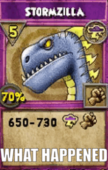 a card with stormzilla on it and the words what happened below it