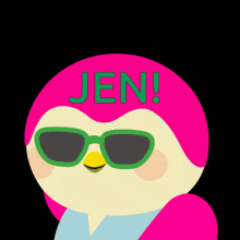 a pink penguin wearing green sunglasses has the word jen on its head