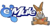 a donkey is sitting in front of the emule logo on a white background