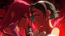 a drawing of a girl with pink hair and a girl with green hair standing next to each other