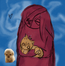 a drawing of a woman holding a cat with a heart in the background