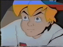 a cartoon character with blonde hair and blue eyes