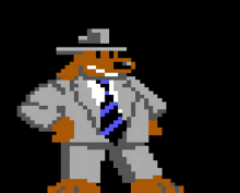 a pixel art of a man in a suit and hat