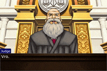 a man with a beard stands in front of a judge 's bench and says " judge "