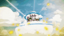 a cartoon drawing of a building on a cloud with the letters e and i on it
