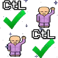 a pixel art drawing of a bald man in purple pajamas with the words ctrl and ctrl next to him