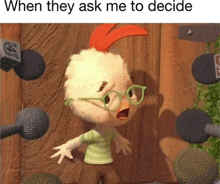 a cartoon chicken wearing glasses is standing in front of a wooden wall surrounded by microphones .