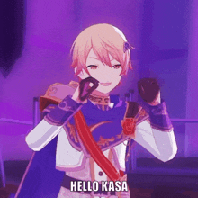 a cartoon character is holding a microphone in his mouth and says hello kasa .