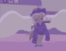 a girl with white hair and purple wings is laying on a bed .