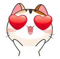 a calico cat with heart shaped eyes is holding its hands to its face