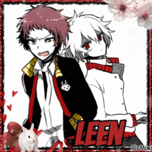 a picture of two anime characters with leen written in red