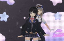 a girl in a school uniform is standing next to a girl in a military uniform