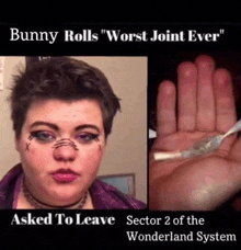 a woman with bunny rolls on her face and a hand holding a spoon with bunny rolls on it