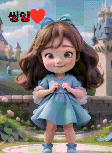 a little girl in a blue dress with a bow on her head is standing in front of a castle