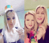 a woman wearing a birthday hat and a woman wearing headphones