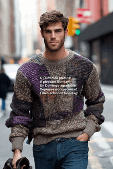 a man wearing a sweater that says o duminica placuta