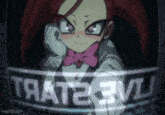 a girl in a bow tie is standing in front of a sign that says " that2evil "