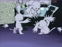 a couple of white cartoon characters standing in front of a machine