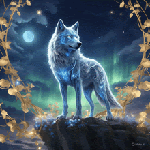 a painting of a wolf with a moon in the background