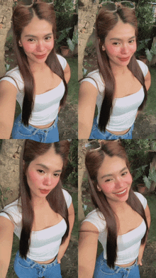 a woman in a white crop top and blue shorts takes a selfie
