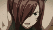 a close up of a red haired anime character