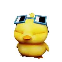 a yellow duck wearing blue sunglasses with a black square on the lenses