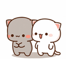 a cartoon cat and a white cat hugging each other with a heart in the background .