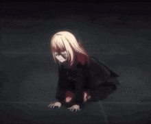 a girl with a mask on her face is kneeling on the ground