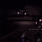a group of people are sitting on a bench in the dark and one of them says your hair grew in time .