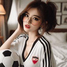 a woman wearing a soccer jersey with the word sbop on it