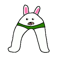 a cartoon rabbit with pink ears and a green scarf around its waist is standing on its hind legs .