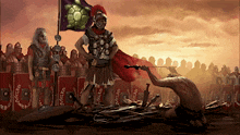 a painting of a roman soldier holding a spear and a flag with a turtle on it