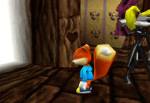 a video game scene with a squirrel standing in front of a door with a heart shaped hole in it