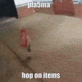 a blurred image of a person walking on a sidewalk with the words plasma hop on items written on the bottom .