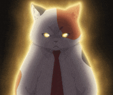 a cat wearing a tie and a shirt has glowing eyes