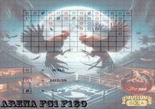 a poster for arena fci f180 shows two roosters fighting in a ring