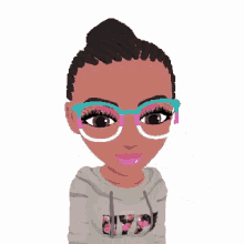 a cartoon girl wearing glasses and a hoodie with a bun .