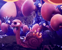 a cartoon snail with a big eye is surrounded by a bunch of monsters