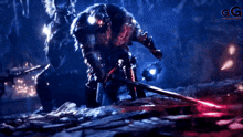 a video game screen shows a knight holding a sword and the letters cg on the bottom