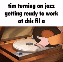 a cartoon of a person putting a record on a record player