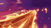 a purple and red background with a sword in the middle of a fire .