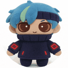 a stuffed toy with blue hair and a black sweater