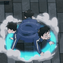 a man in a blue jacket is standing in a circle
