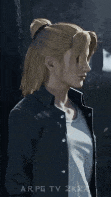 a woman with blonde hair is wearing a blue shirt and white tank top