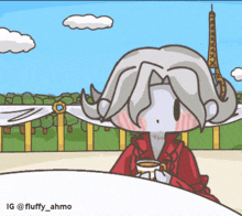 a cartoon drawing of a girl holding a cup of tea