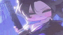 a cartoon of a woman holding a sword with a purple background