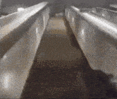 a person is walking down a long escalator in a dark room