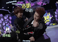 a man says i 'm sorry while another man holds his jacket